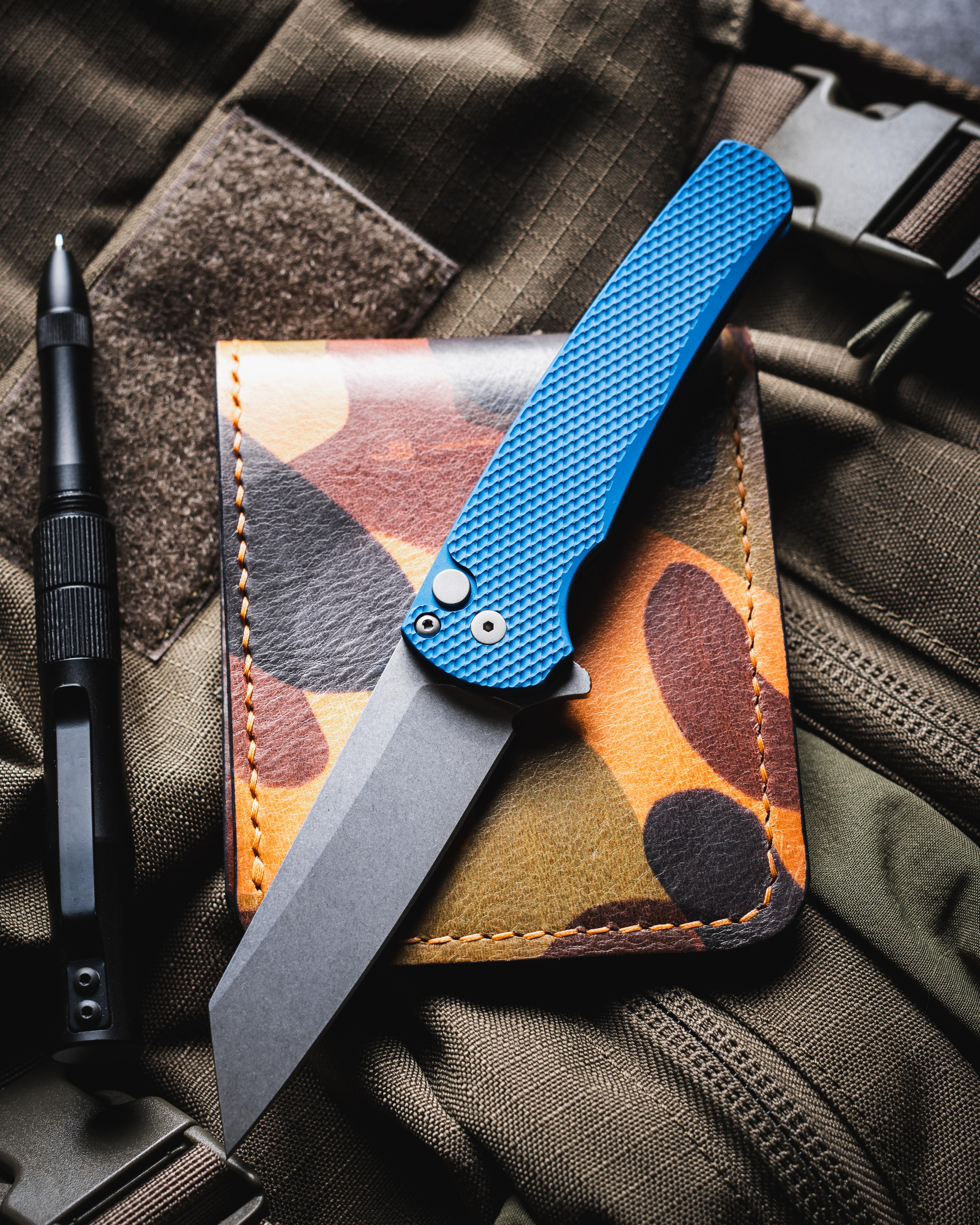 ProTech Malibu Reverse Tanto Button Lock Knife Textured Blue Aluminum 3.3 inches SW | 10000456