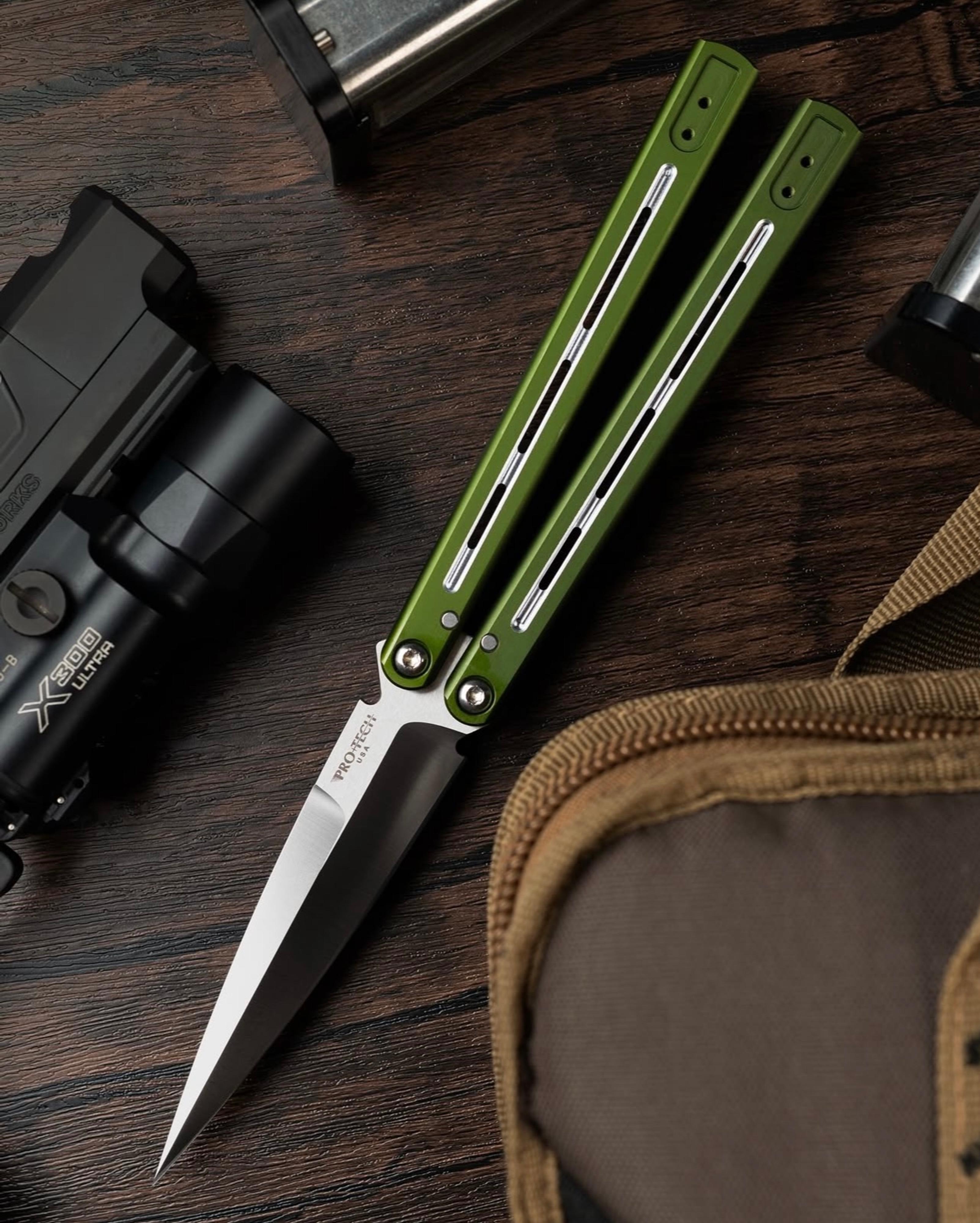 Protech Flyfather II Balisong Squid Industries Collaboration Green Aluminum Blade Show 2025 | 10000470